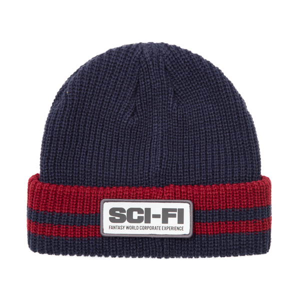 Sci-Fi Fantasy Reflective Patch Striped Beanie Navy/Red